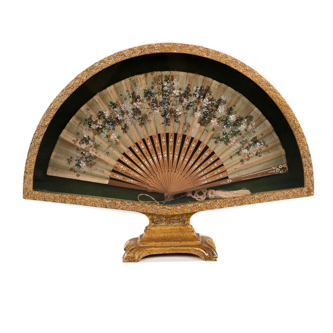 Hand-Painted Fan Encased in Glass and Pedestal Frame (1 of 8)