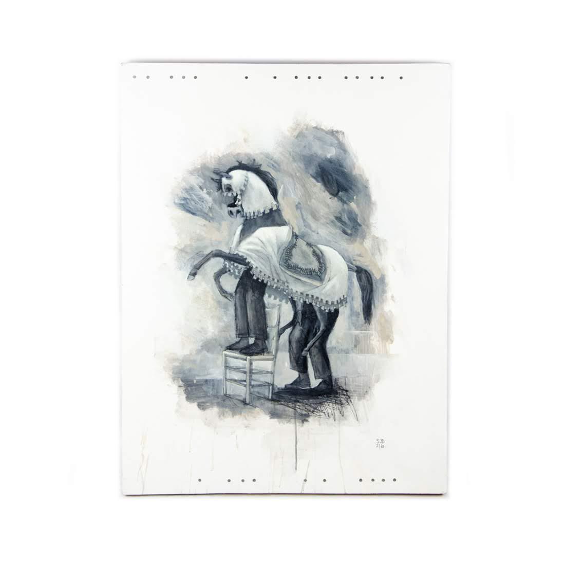 Original Acrylic on Board Horse by Scott J Dupree: An original black and white acrylic on board depicting a whimsical scene of two men in a horse costume. Signed and dated in lower right.