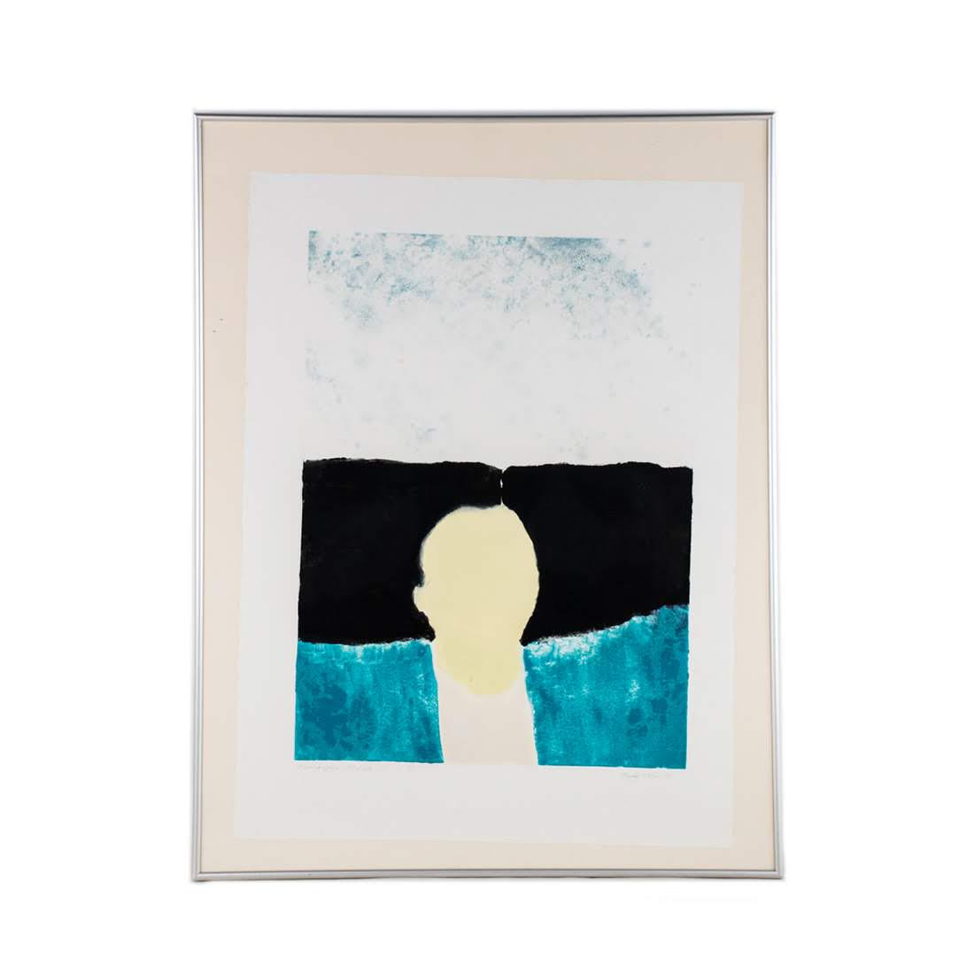 1 of 1 Colored Lithograph by Randy Wilson: Colored lithograph on archival paper. Titled, "Iconographica, Third State". Signed and dated in pencil. Housed in silver frame behind glass. Measures 34" x 26.25"
