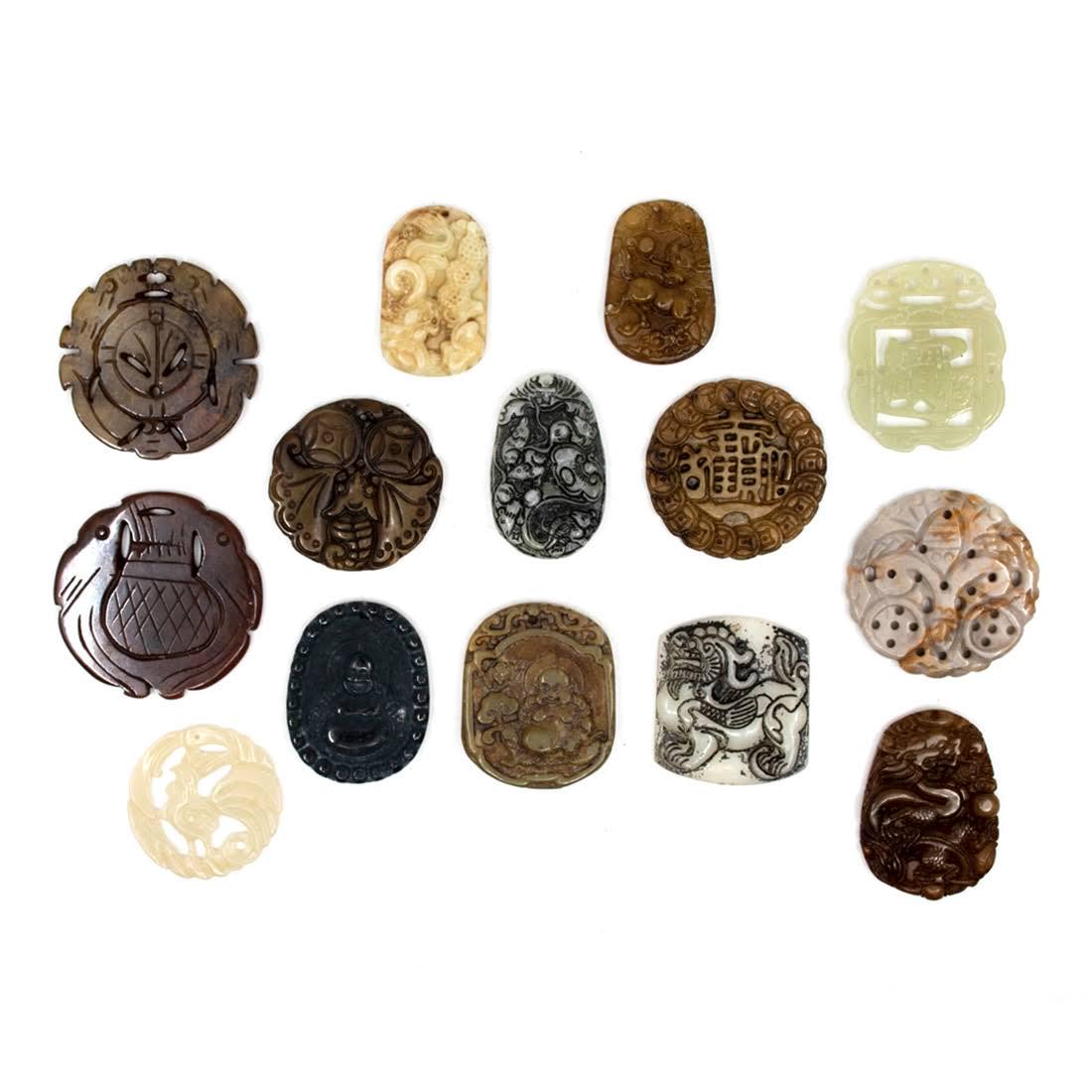 Group of Fourteen Jade and Soapstone Chinese Medallions (1 of 6)