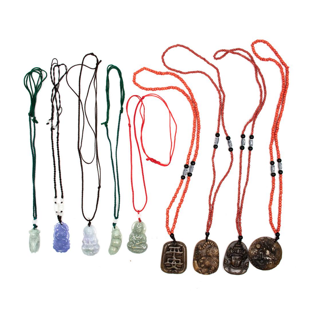 Group of Nine Chinese Jade and Quartz Beaded Pendants (1 of 5)