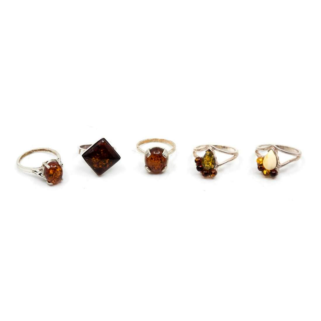 Group of Five Silver Amber Rings (1 of 3)