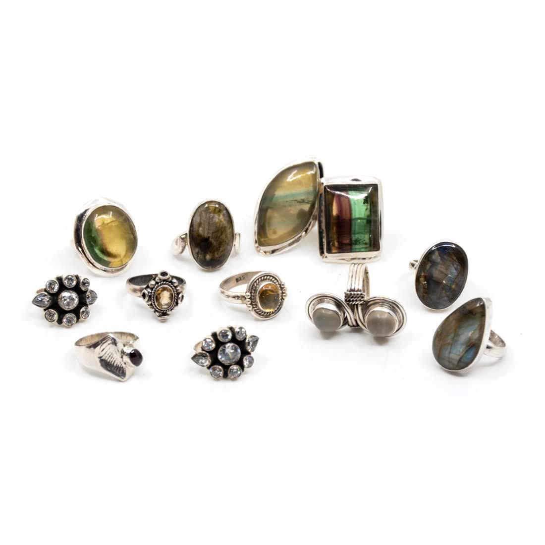 Group of Twelve Semi Precious Stone Silver Rings (1 of 6)