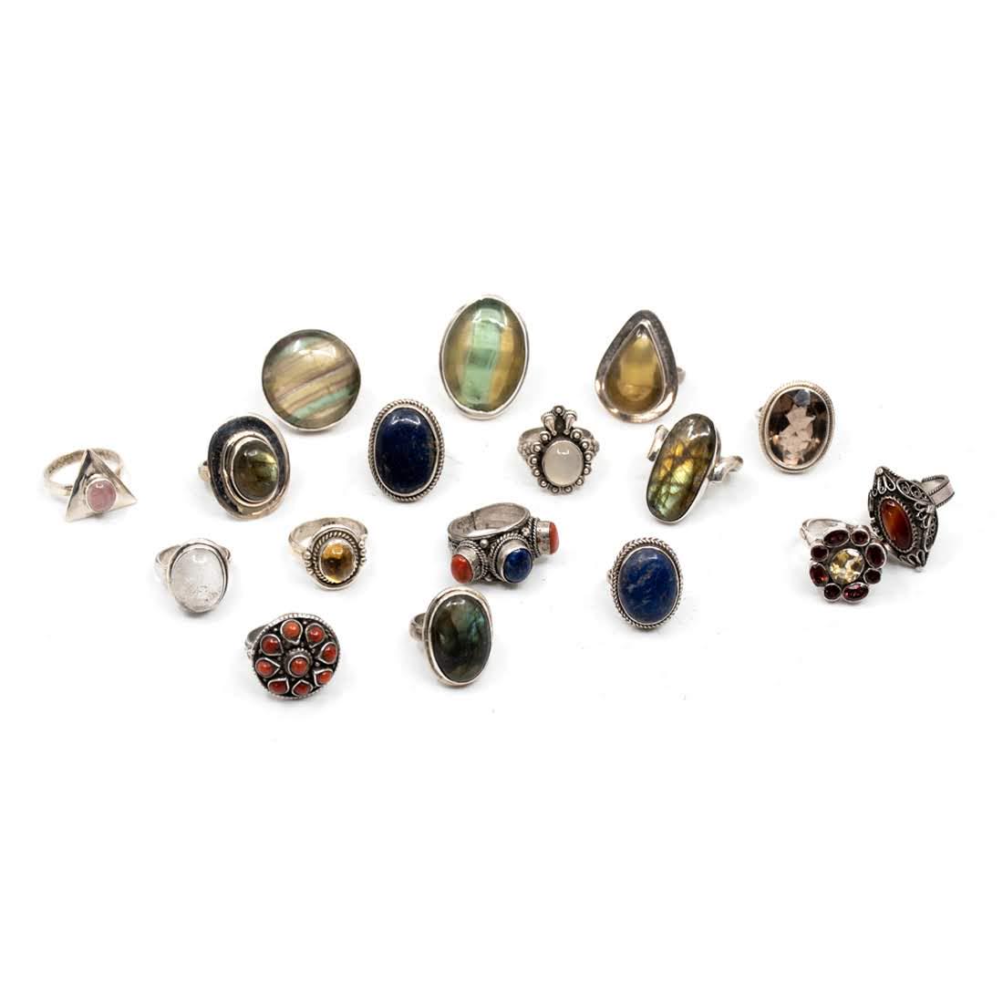 Sixteen Semi Precious Stone Sterling Silver Rings (1 of 5)