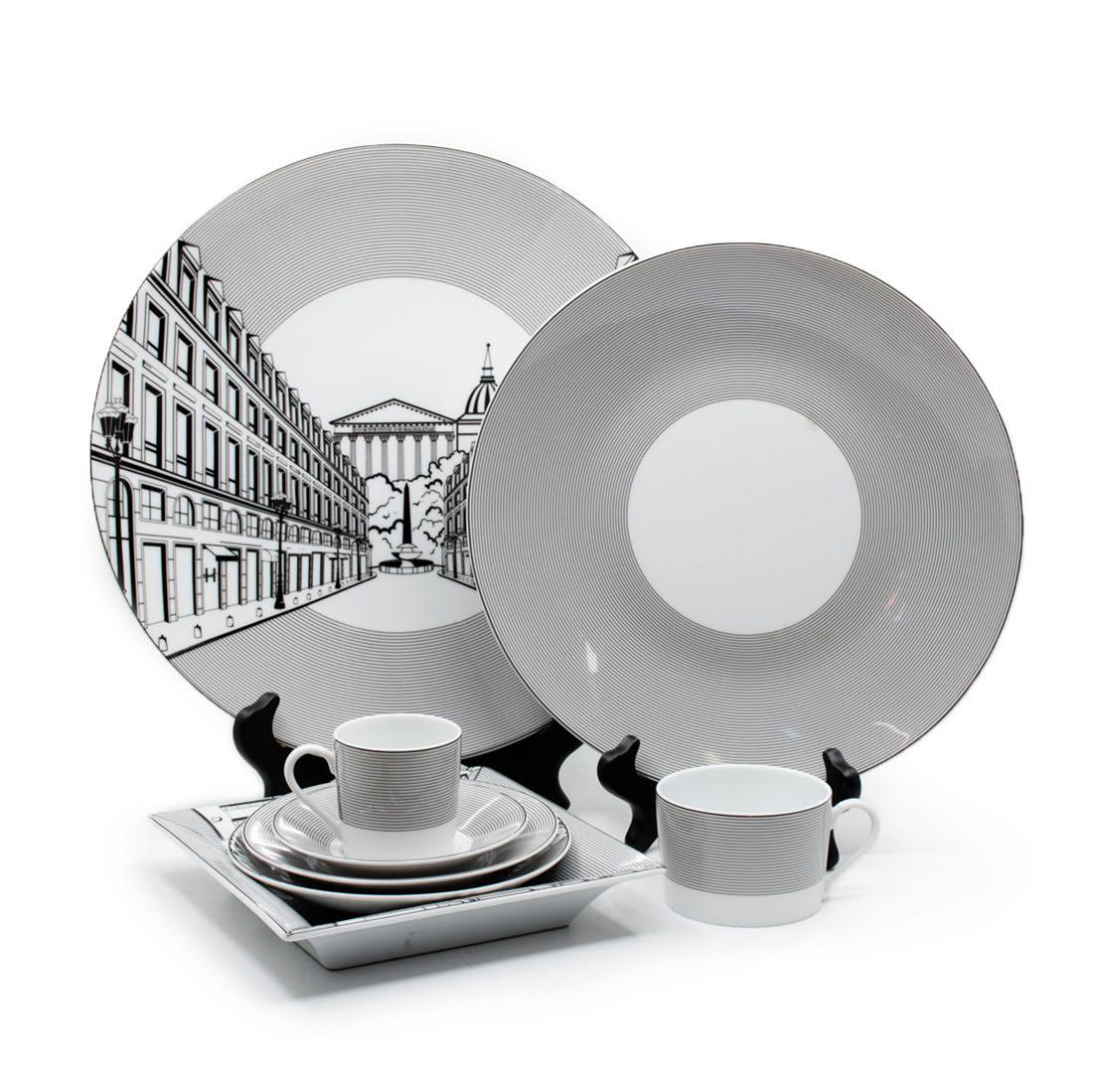 Haviland Limoges Rue Royale 8 Piece Place Setting: A single full place setting by Haviland Limoges "Rue Royale" Decore a la main collector's plates which includes a dinner plate, starter plate, salad plate, teacup and saucer, a espresso cup and saucer