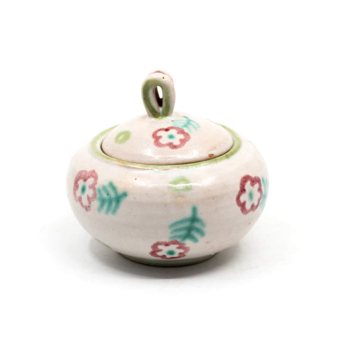 Guido Gambone for Vietri 1950's Lidded Jar Vase: Guido Gambone (Italy, 1909-1969) small white hand painted glazed lidded jar vase having a simple daisy flower repeating pattern. Signed Vietri on bottom.