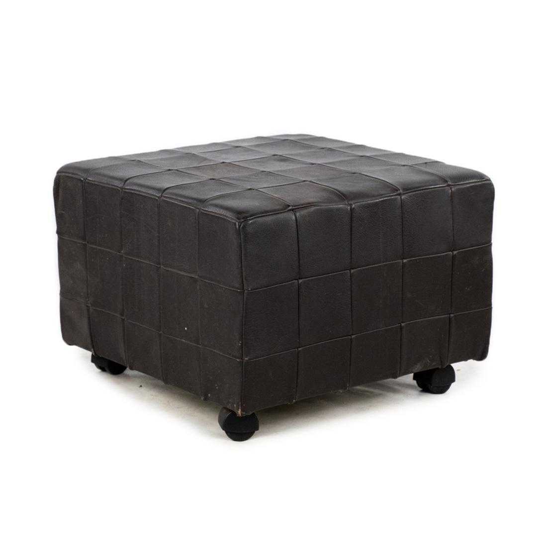 Danish Modern Black Leather Patchwork Cube Ottoman (1 of 10)
