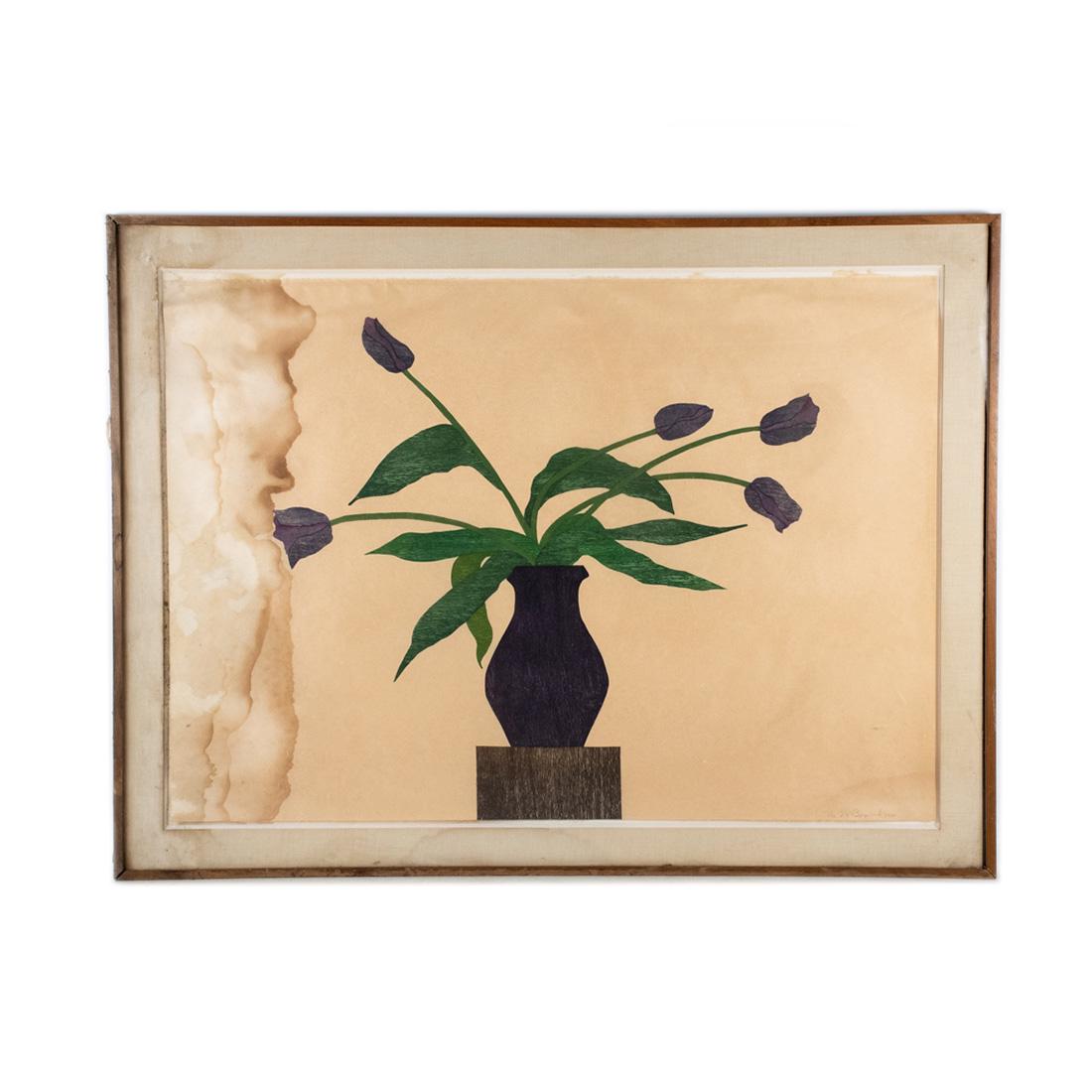"The Blue Tulips" Woodblock Print by Ed Baynard: A 1980 fifteen color woodblock print titled "The Blue Tulips" by Ed Baynard. It is printed on okawara paper and is edition 1/70. It is presented in a wooden frame and signed in the lower right corner.