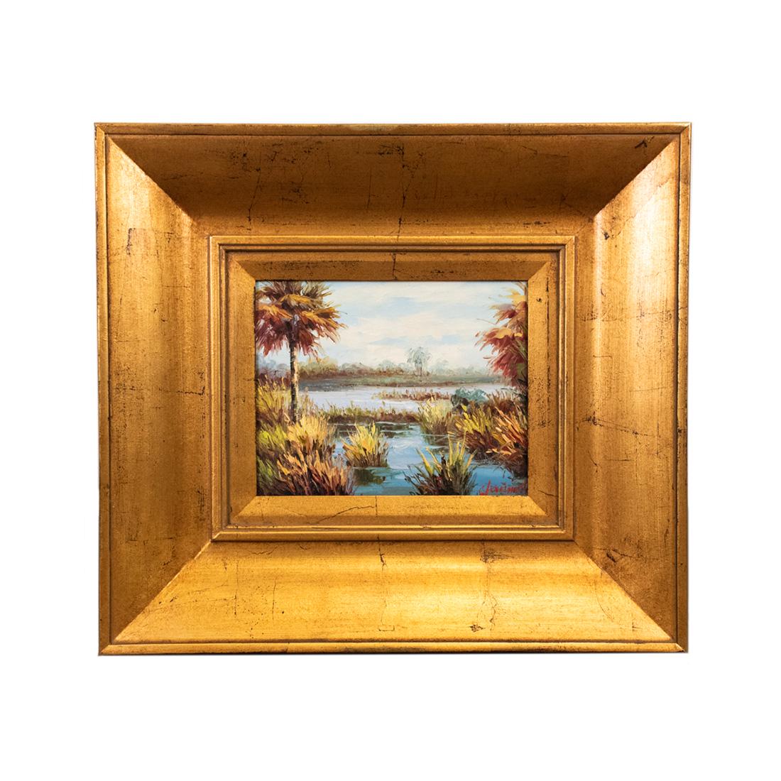 Lewis O/C Concept Marsh Scene: An oil on canvas painting of a concept marsh scene by Lewis. It is presented in a wooden frame. Frame ID WP2310G1A.