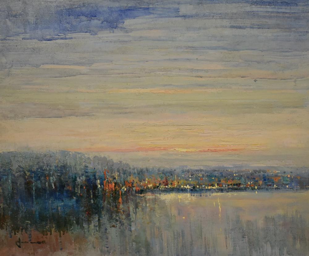 Jun Lee O/C Impressionist Sunset: HORIZONTAL SUNSET IMPRESSIONIST HARBOUR WP7802T1A