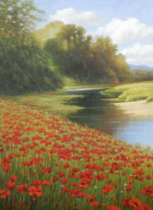 J.C. Seo and Lewis O/C Flower Fields: RED FLOWER FIELD/RIVER-VERTICAL No Frame