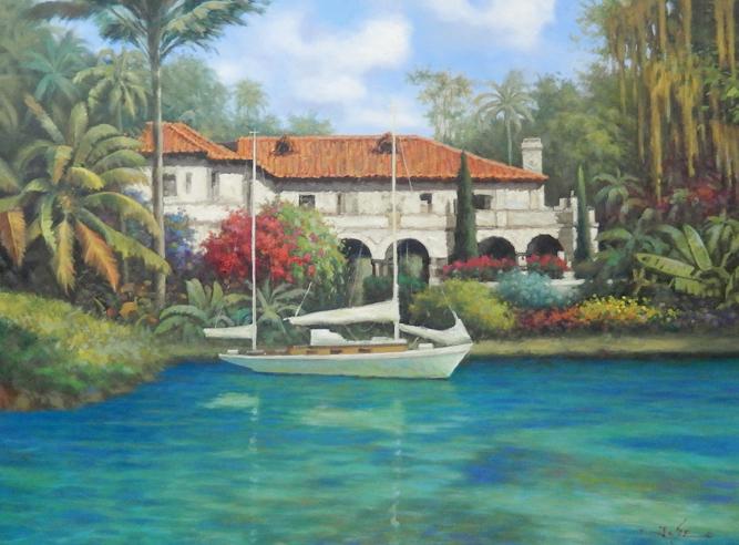 Lewis O/C River and J.C. Seo O/C Florida Sailboat: RIVER LANDSCAPE No Frame