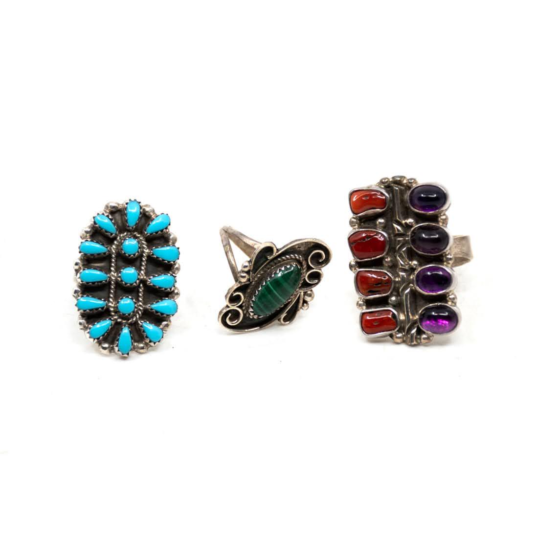 3 Navajo Sterling Silver Rings with Cabochon Gemstones (1 of 5)