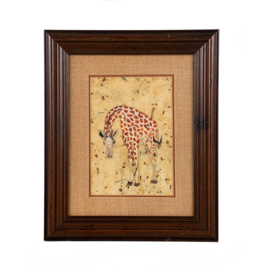 Giraffe Acrylic on Handmade Mulberry Paper Painting by: Study of Giraffe acrylic on handmade mulberry paper painting. Signed in lower left corner, D.M. Perry '84. Painting not examined outside of frame. Housed behind glass with wooden frame and jute mattin