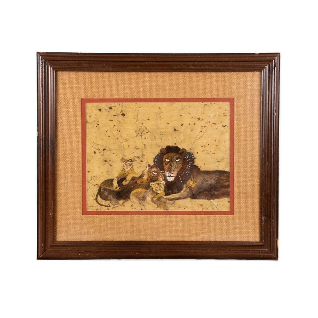 Lion Family Acrylic on Mulberry Paper by D.M. Perry: Study of lion family acrylic on handmade mulberry paper painting. Signed in lower left corner, D.M. Perry. Housed behind glass with wooden frame and woven jute matting. Visible area measures: 12.75" x