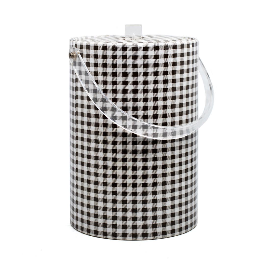 Vintage Georges Briard Vinyl Gingham and Lucite Ice: A vintage Georges Briard black and white vinyl gingham pattern ice bucket with a lucite knob lid and lucite handle. It is signed on the underside.