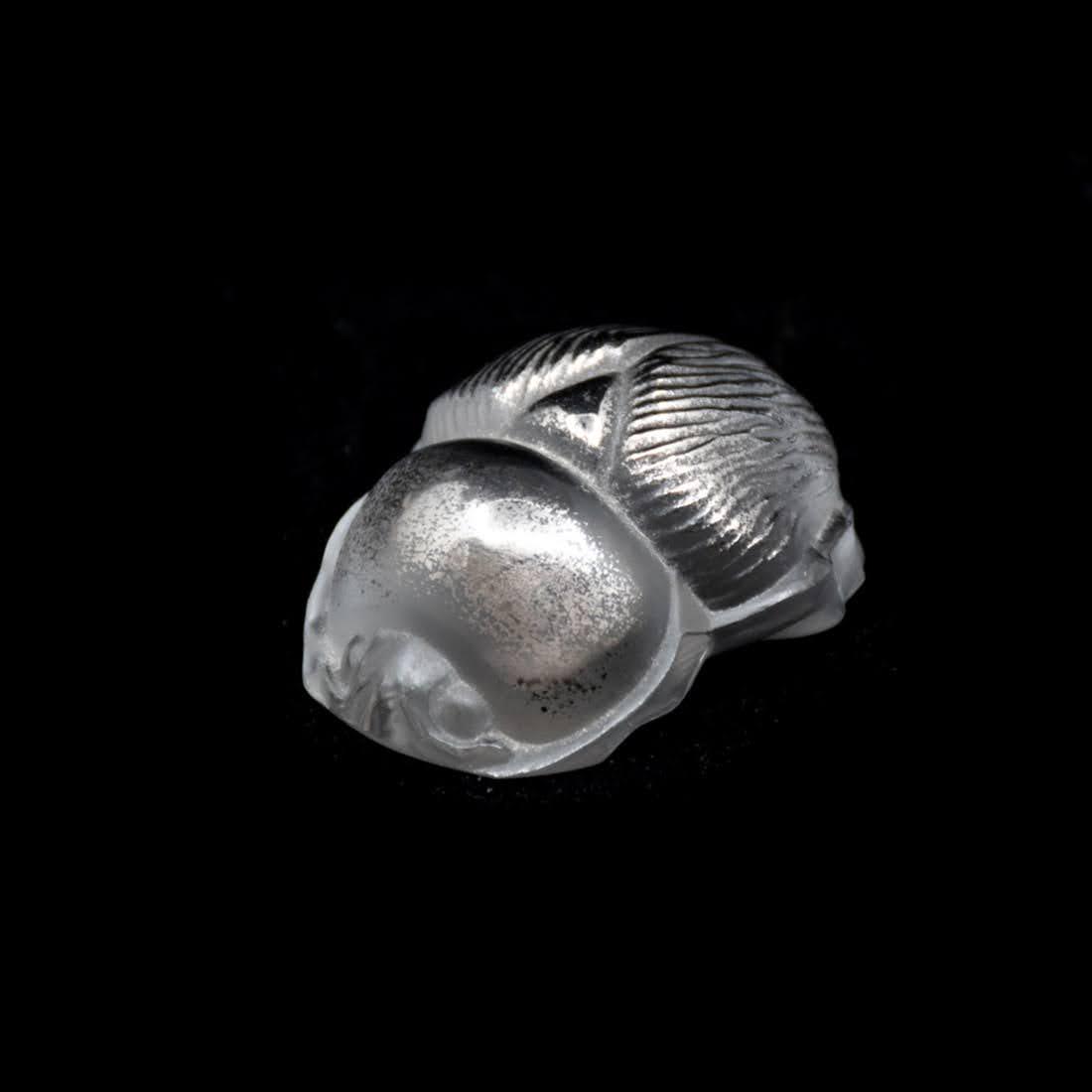 Lalique France Signed Platinum Crystal Scarab Figurine: A vintage Lalique France platinum brushed crystal scarab beetle figurine. It is hand formed and signed on the underside.