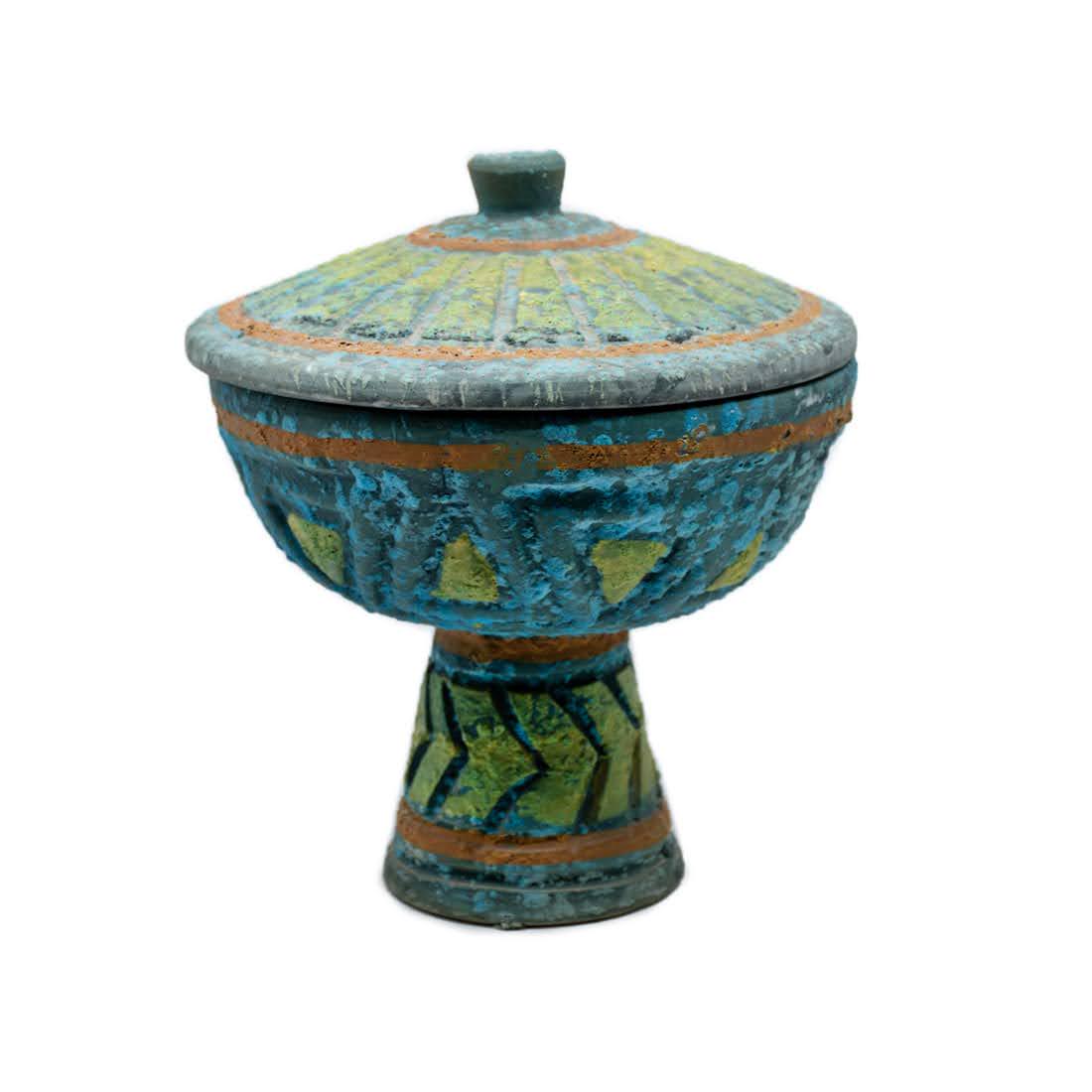 Bitossi for Raymor Italian MCM Ceramic Lidded Compote: Bitossi for Raymor Italian Mid-Century Modern blue speckled Italian ceramic lidded compote or candy dish with orange and yellow accents. Lidded pot is in good condition and signed, "Italy" within the