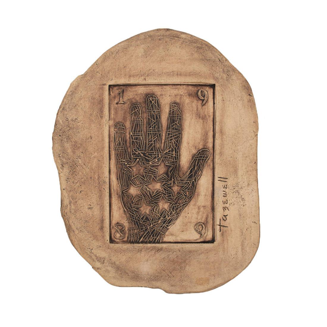 Tarot Card Ceramic Plaque by Tazewell Morton: An artist pottery ceramic wall plaque by Auburn, AL Tazewell Morton depicting a Tarot playing card of a hand. Signed on front. Dimensions: 13" x 10" x 0.5"