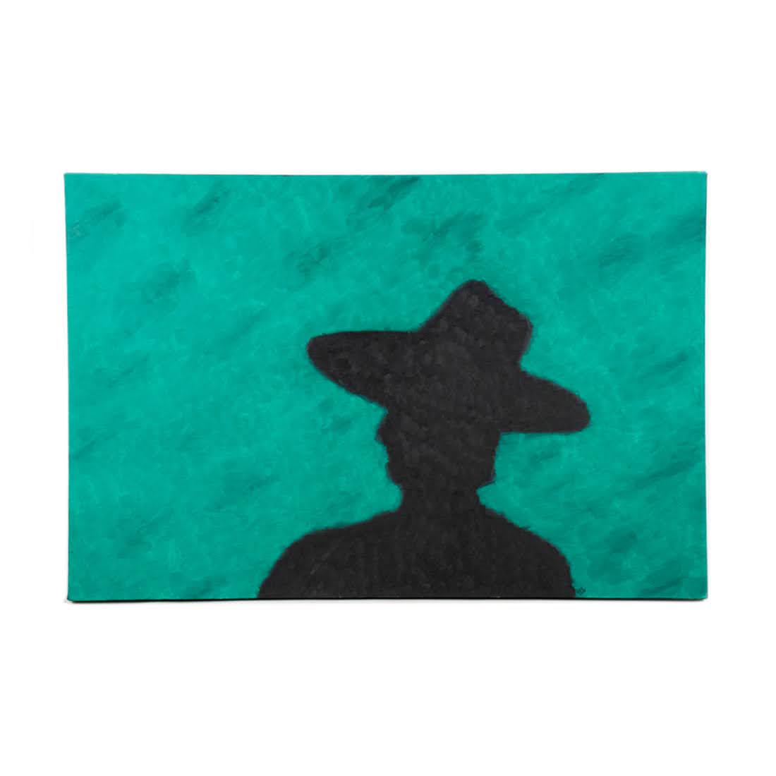 Silhouette of Man in Hat O/C Painting Signed CSJ: Silhouette of man in hat green and black oil on canvas painting signed CSJ (artist Chris Johnson) and dated, 2005, in lower right. In good condition and measures 23.5" x 36" x 1.5".