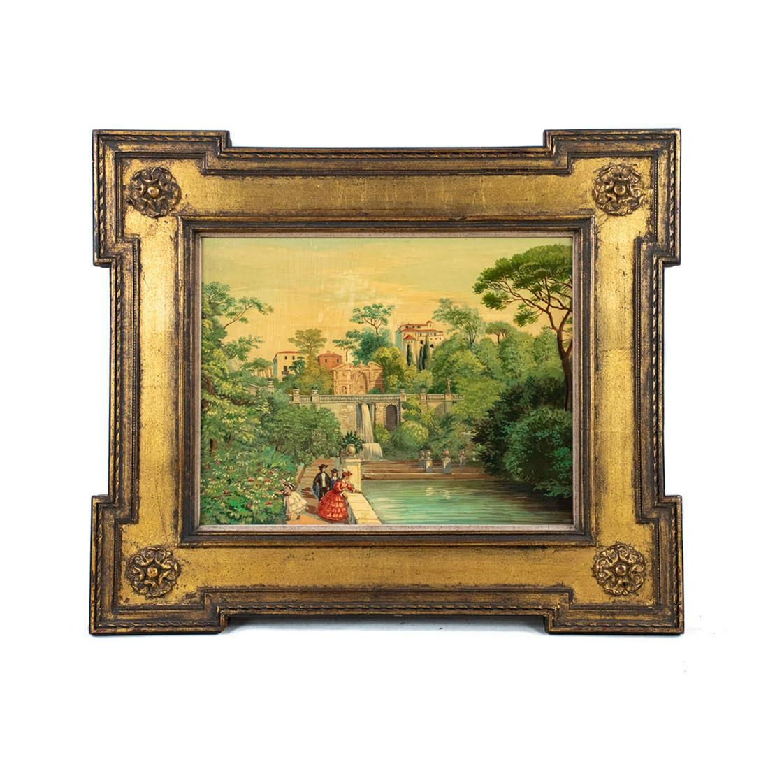 Victorian Style Oil on Panel Painting: Victorian style oil on panel painting housed in a gold Swedish Gustavian style frame, adorned with rosettes in each corner. In good condition with craquelure visible in the upper left corner of the pa