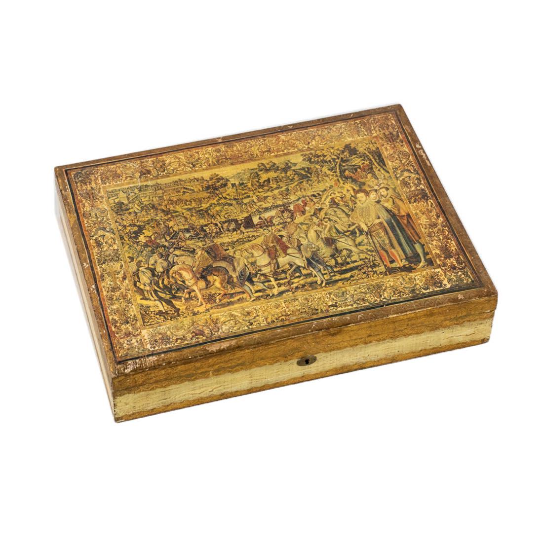 Florentia Italy Gilt Wood Trinket Box: A vintage Florentia Italy gilt wood trinket or jewelry box featuring a detailed scene of Florence on the top with metal hardware and key. It is marked on the underside.