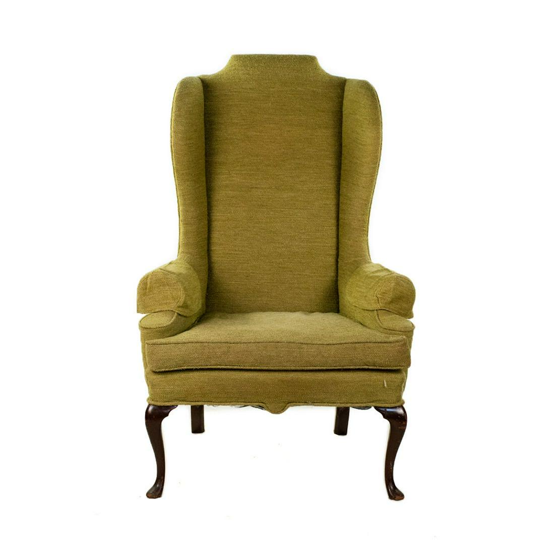 Queen Anne Style Green Upholstered Wing Back Chair (1 of 10)