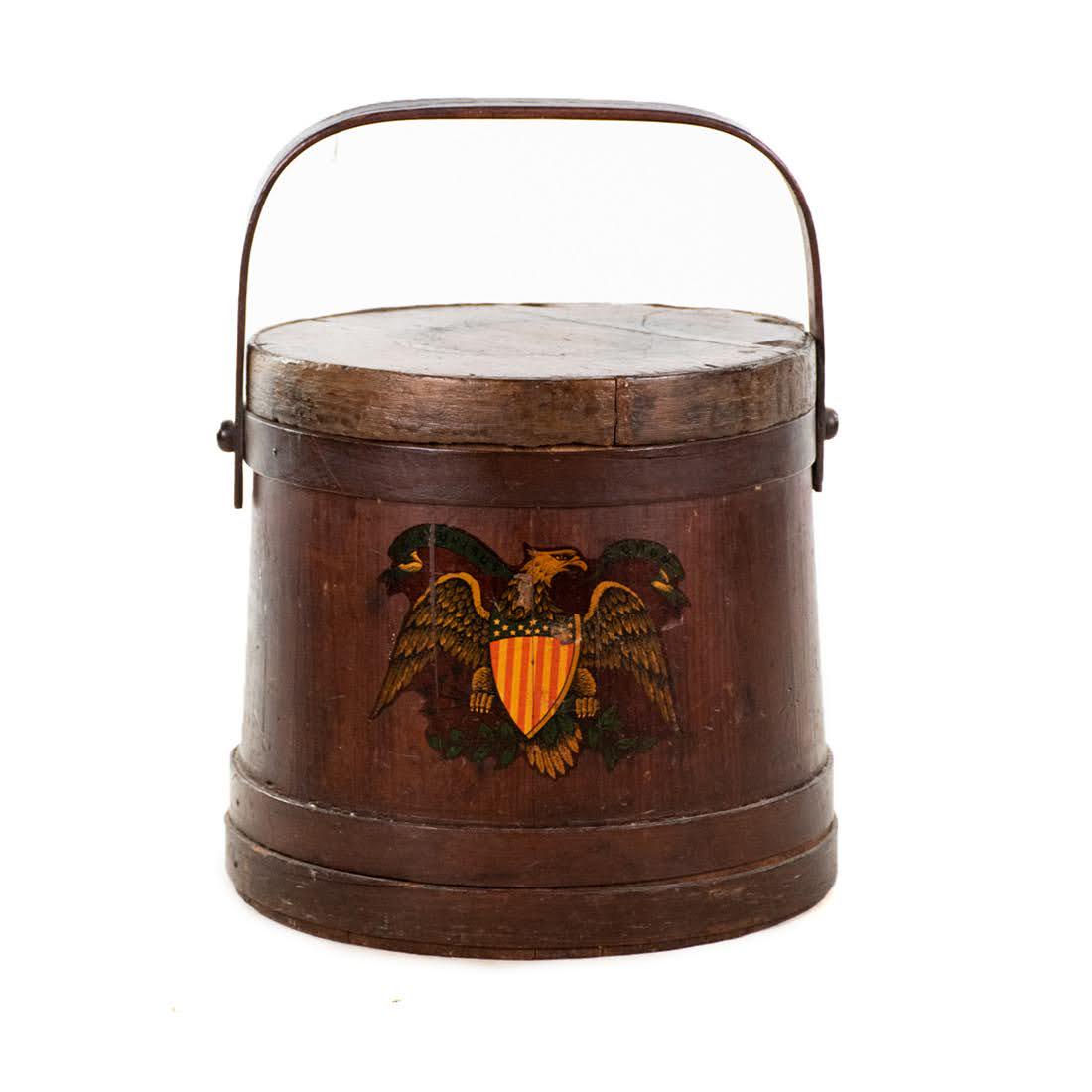 Vintage Golden Eagle Wood Military Firkin: A vintage Golden Eagle wood military firkin. Bears the U.S. Eagle on the front. In good condition with staining to wood commensurate with age and use. Measures 20" x 14" x 14"