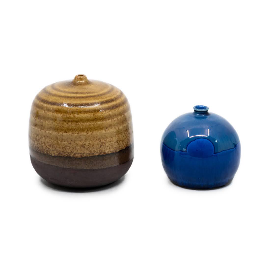 Group of 2 Brown and Crystalline Blue Faience Bud Vases (1 of 9)