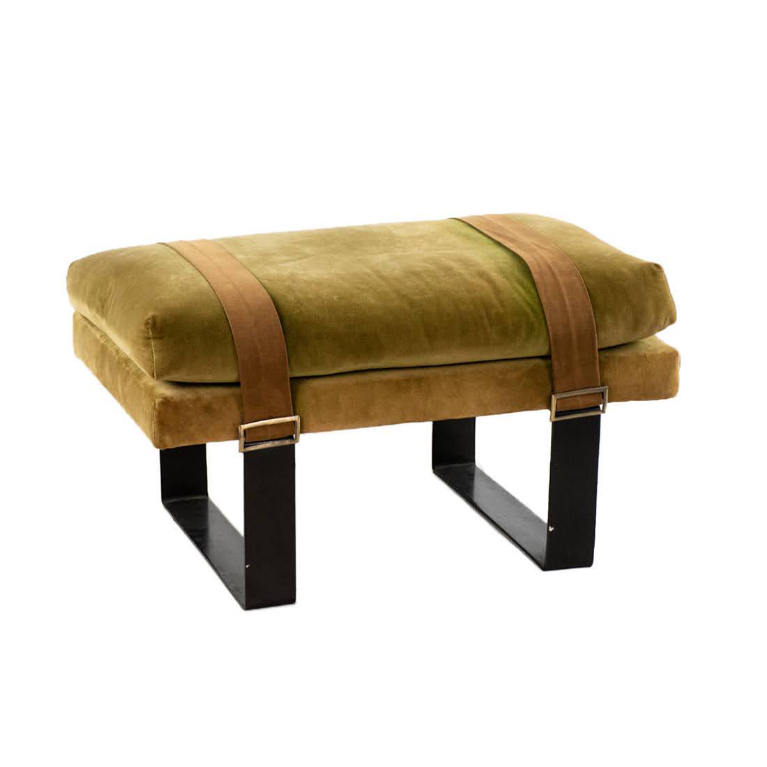 Chartreuse & Tan Book Strapped Cushion Bench: Chartreuse and tan book strapped cushion bench with black metal frame and metal buckles. Bench is in good condition with wear commensurate with age and use. Measures 14" x 16" x 17"