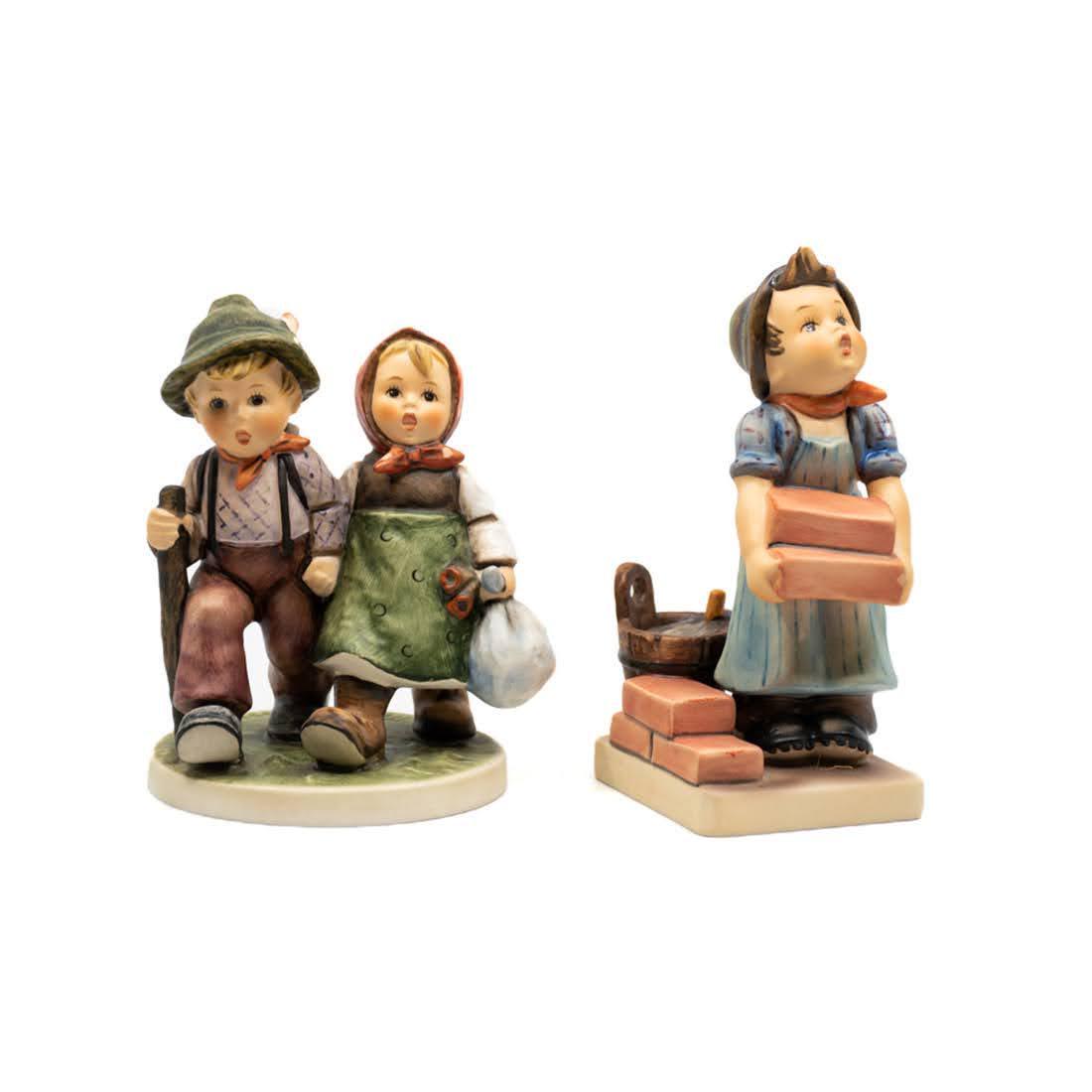 Group of 10 Goebel Hummel Figurines: A group of 10 Goebel Hummels including #383 Going Home TMK 6 figure, featuring two young children walking home together and #305 The Builder TMK 5 figure, featuring a young boy carrying bricks. Goebel