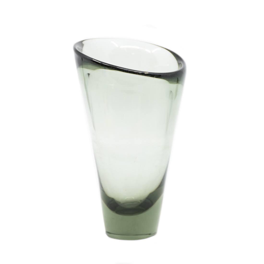 Orrefors Smoked Green Asymmetrical Glass Vase: An Orrefors Sweden smoked green asymmetrical glass vase. Etched signed on the bottom. In good condition. Measures 7.5" x 4.5" x 4.5"