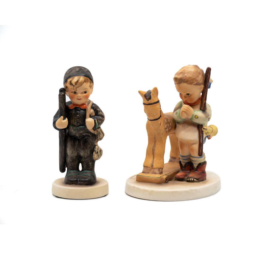Goebel Hummel Chimney Sweep 12/2/0 and Prayer Before: Goebel Hummel #12/2/0 Chimney Sweep TMK 6 figure, featuring a boy dressed in black with a ladder and #20 Prayer Before Battle TMK 5 figure, featuring a young boy praying next to his rocking horse with