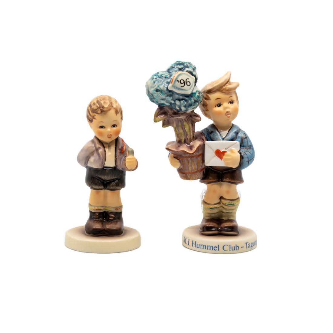 Goebel Hummel No Thank You 535 and Good News 539: Goebel Hummel #535 No Thank You TMK 7 figure, featuring a boy with his hand hiding behind his back and #539 Good News TMK 8 figure, featuring a boy with balloons in hand that read '96.