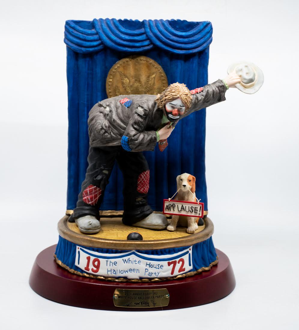 Emmett Kelly Jr "The White House Halloween Party" Clown: An Emmett Kelly Jr "The White House Halloween Party" 25th Anniversary Clown figure, featuring a clown with his dog on stage in the White House performing for an audience. It is marked on the underside
