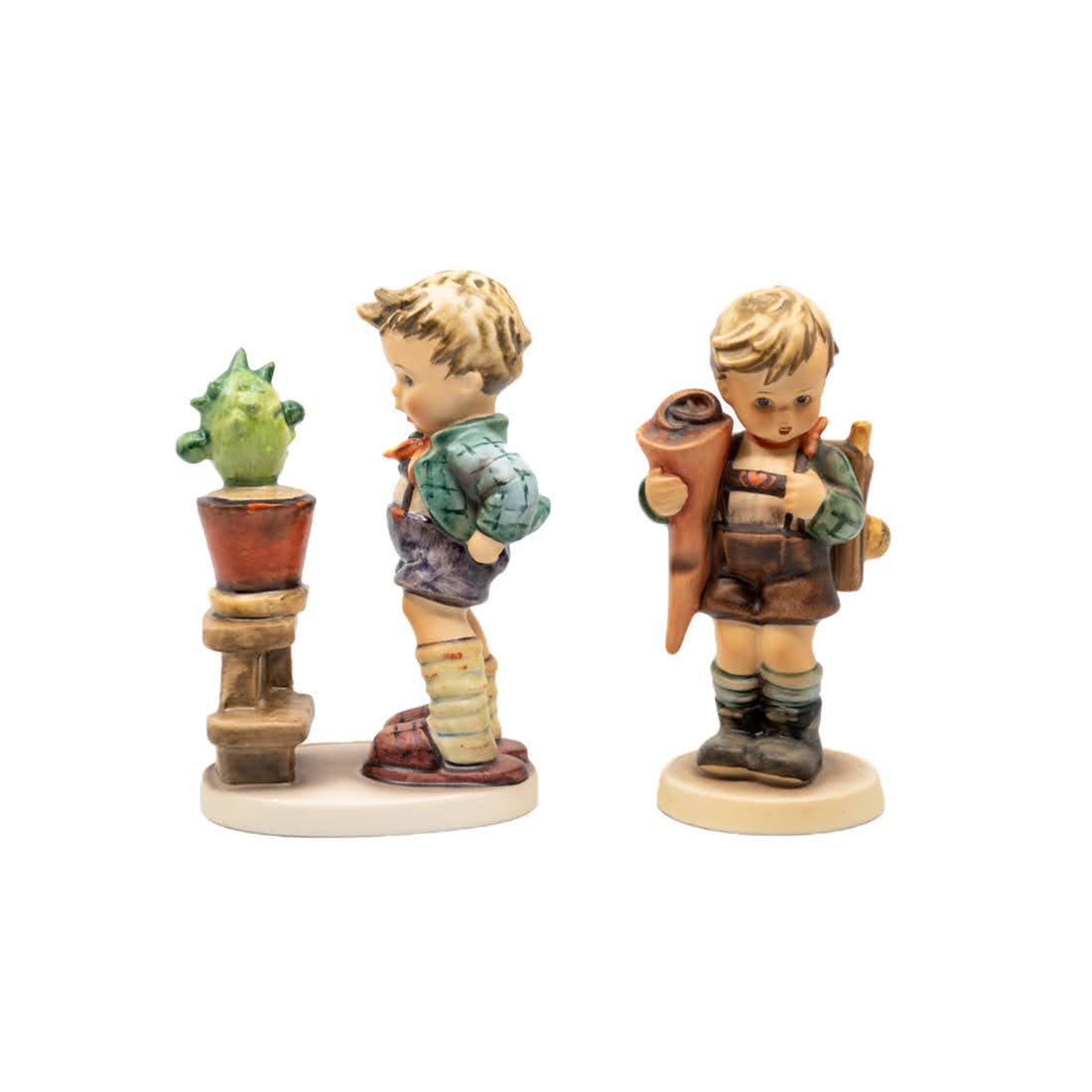 G. Hummel Confidentially 314 and Little Scholar 80: Goebel Hummel #314 Confidentially TMK 6 figure, featuring a young boy talking with a cactus and #80 Little Scholar TMK 6 figure, featuring a young boy with his backpack and school supplies.