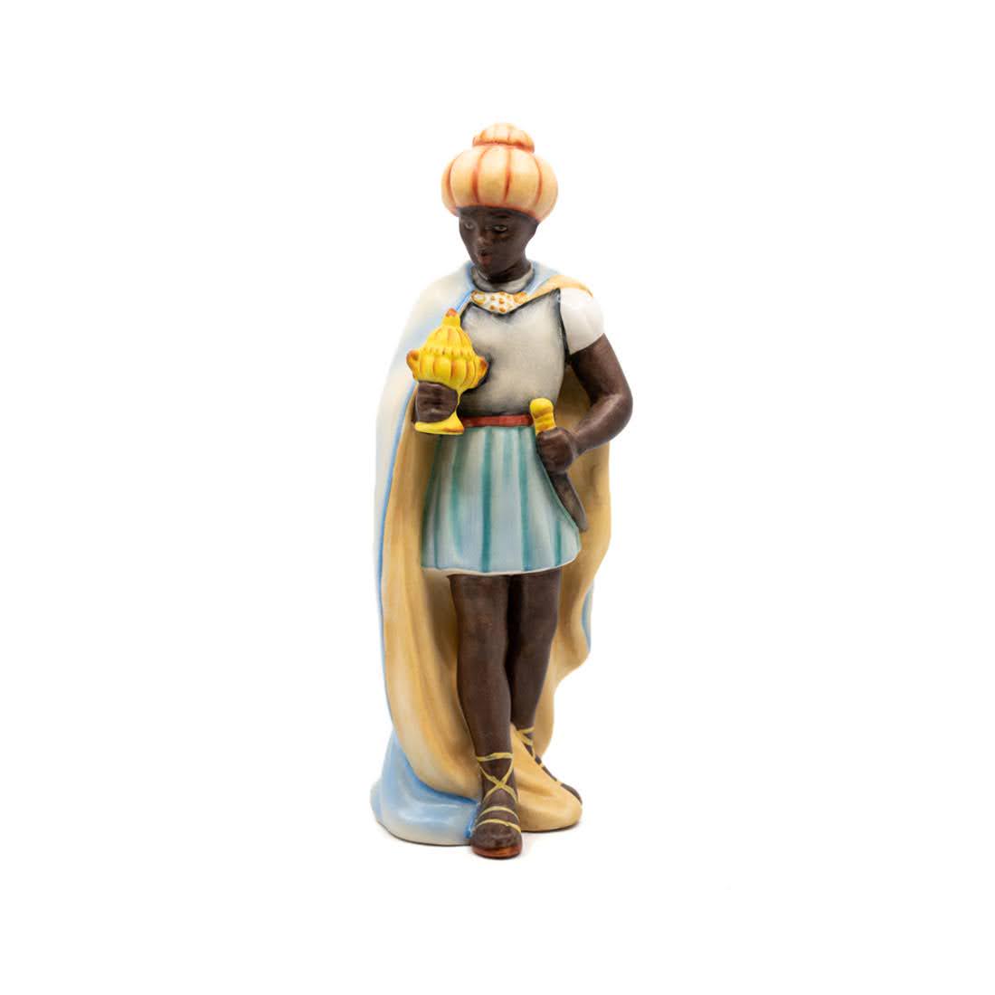 Goebel Hummel Moorish King Standing 214/L Nativity: Goebel Hummel #214/L King Standing TMK 5 figure, featuring a Moorish King holding a gold tone chalice with intricate clothing and a hat.