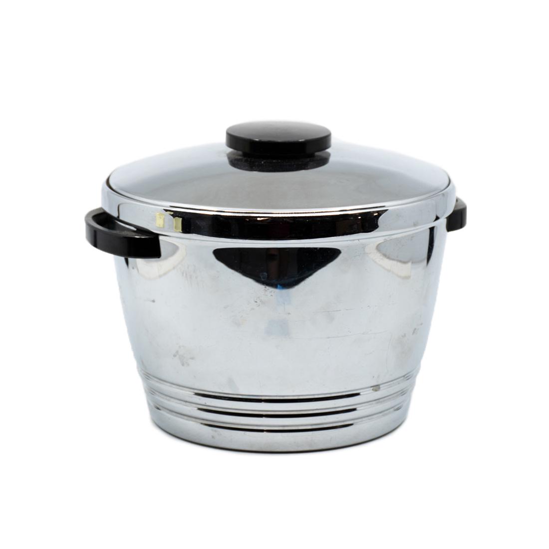 Art Deco Style Thermos Model 1969 Chrome Ice Bucket: An Art Deco style Thermos brand chrome ice bucket model no. 1969. It features black molded handles and top with a ribbed effect at the bottom. It is vacuum insulated and marked on the underside.