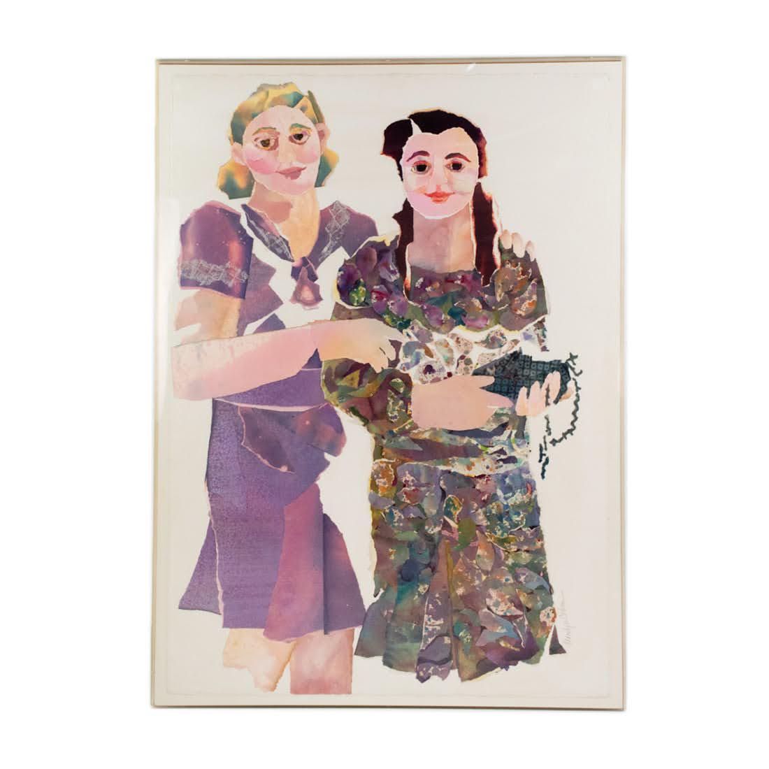 Marilyn Cohen "Clinton Street Girls" Mixed Media: Marilyn Cohen (American) mixed media collage titled Clinton Street Girls housed in an acrylic frame. Pencil signed lower right. The collage depicts two young women in dresses smiling and holding a bas