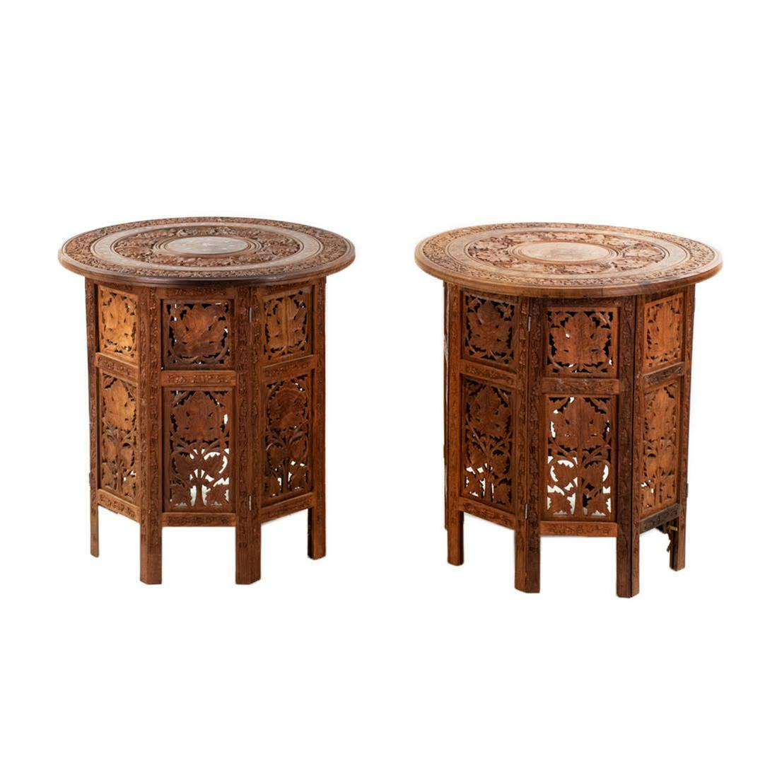 Carved Anglo Indian Teak Round Accent Tables - Pair (1 of 19)