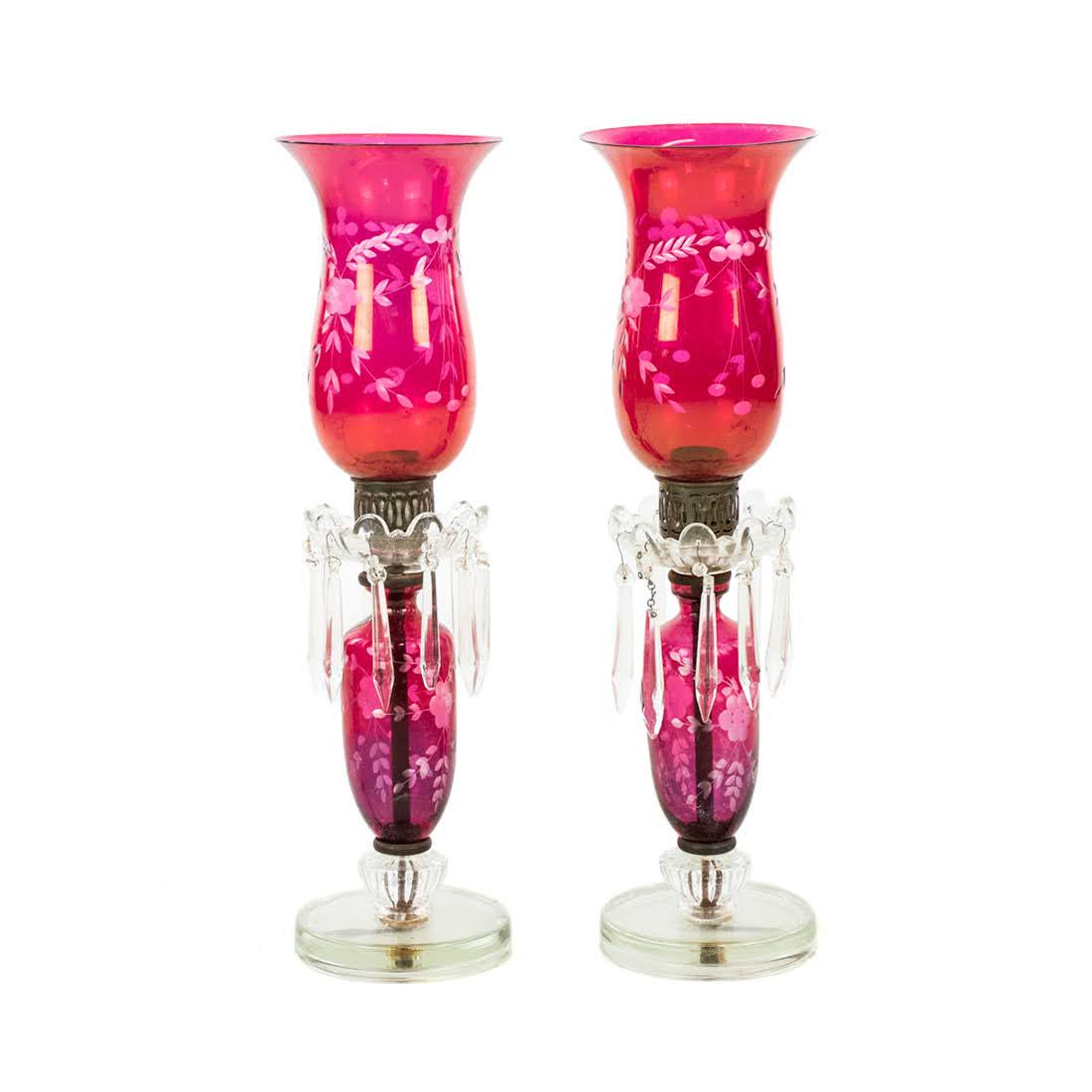 Pair of Cranberry Glass Converted Oil Lamps (1 of 10)
