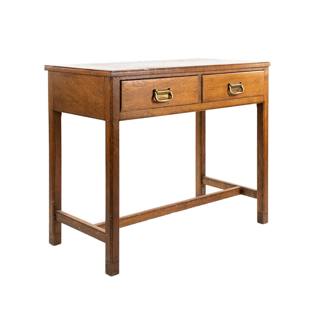 Mid-Century Liss Bros Oak Air Ministry Two Drawer Desk: A 1950's Liss Bros oak Air Ministry school desk having two drawers with brass pulls. Marked on underside. Measures 32 x 38 x 27.