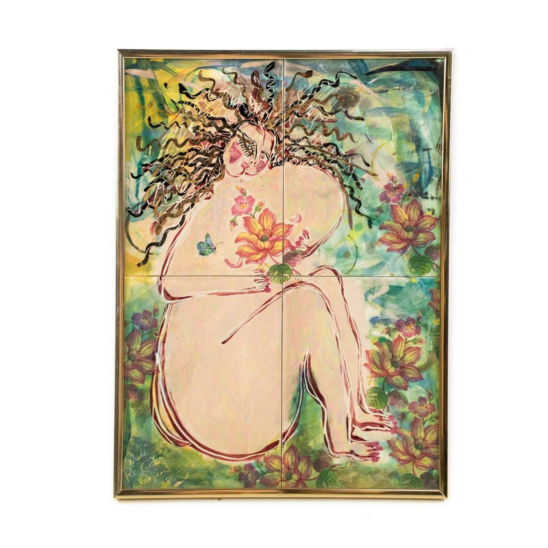 Pat Custer Denison Ceramic Tile Painting "Nude" Signed: Pat Custer Denison (American, 1948-) ceramic tile painting titled "Nude" depicting an ethereal nude woman surrounded by flowers. Denison's pieces are one-of-a-kind ceramic tile paintings incorporate h