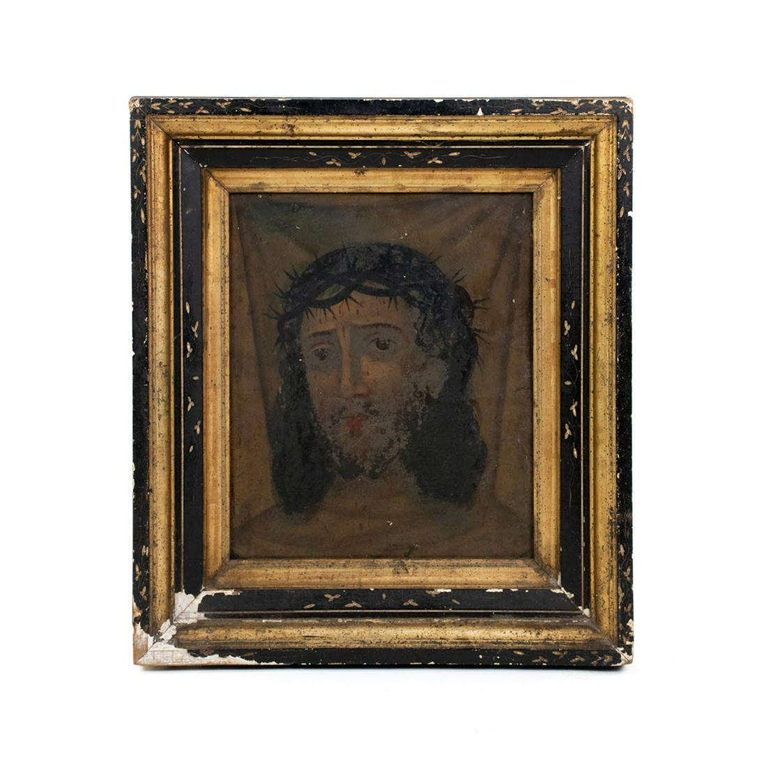 19th C. Mexican Veil of Veronica Retablo Oil on Tin: A Mexican Veil of Veronica retablo oil on tin painting depicting Christ with a thorn crown (19th Century) housed in a Victorian ebony and gold gilt stacked frame.