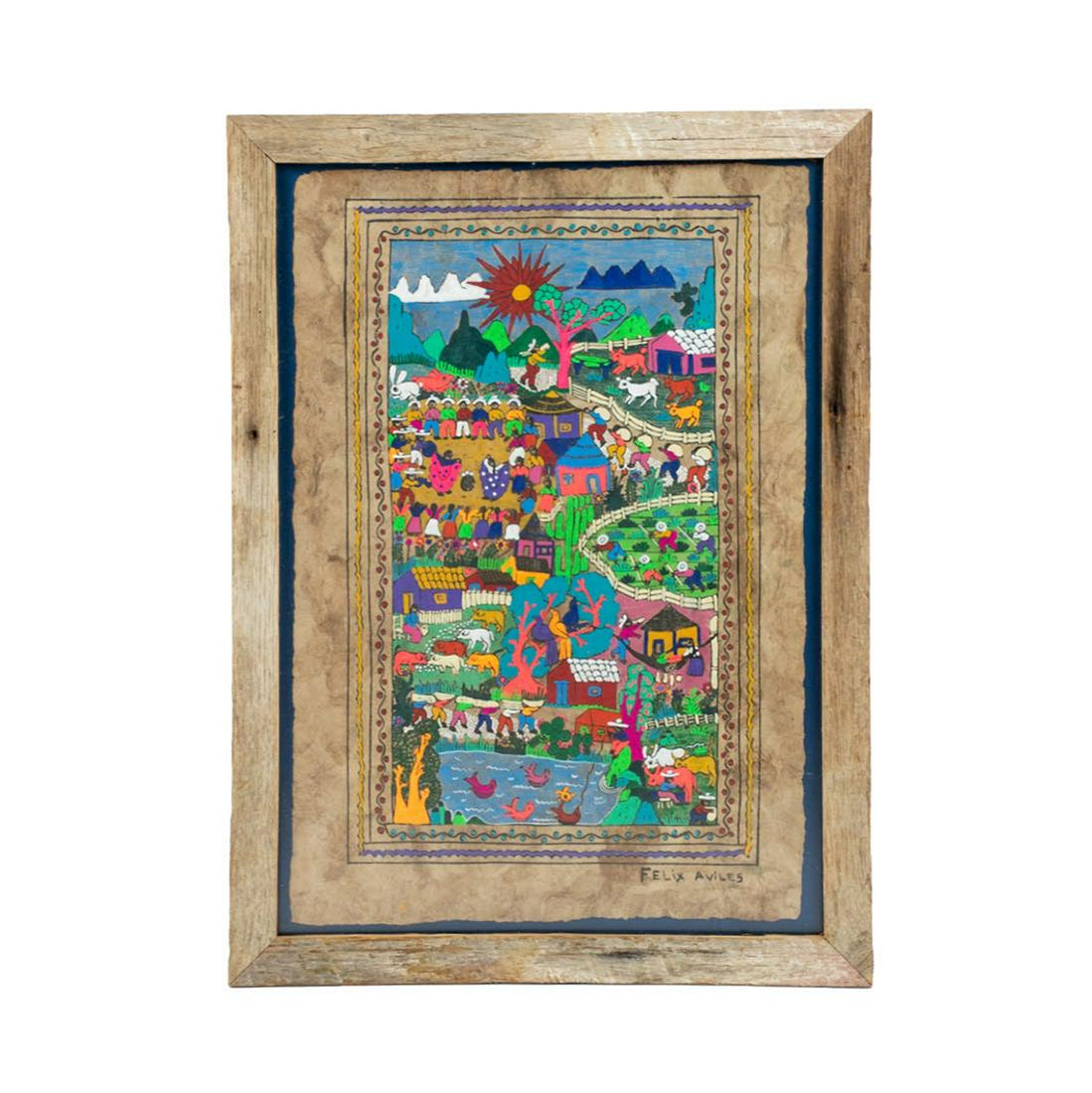 Felix Aviles Mexican Folk Art Amate Bark Paper Painting: Felix Aviles (Mexico) Folk Art amate bark paper painting depicting a vividly colored multi-level landscape in flat perspective with several different scenes including campesinos laboring in the fields