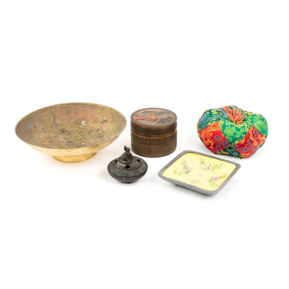 Group of Chinese Objects including Cloisonne Tray: A group of various Chinese objects including brass etched painted bowl, cloisonne dish, brass ash receiver, Mid-century Japanese wooden coasters. small pin cushion.