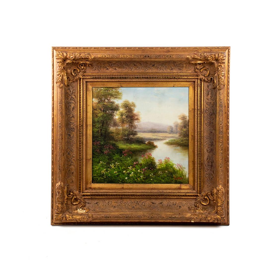 Meadow Stream O/C Humphrey: Oil on canvas painting depicting a winding stream through a meadow. Signed lower right by Korean artist Humphrey, also known as S.H. Song. Presented in carved wood frame.