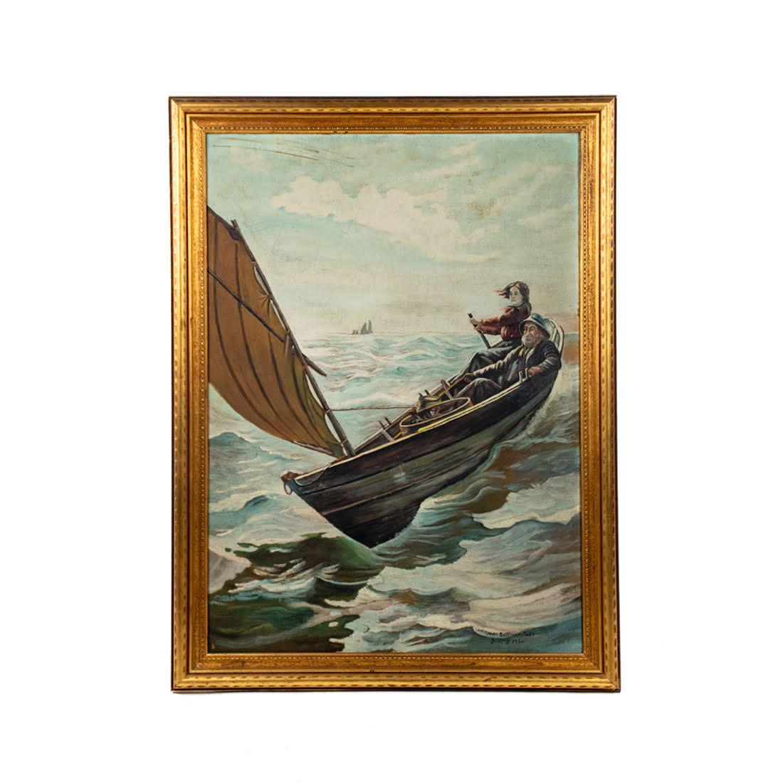 After May Sullivan Seascape O/C 1934: An oil on canvas depicting a small skiff in the chippy sea with an older man and woman paddling. Signed lower right May Sullivan Copy June 5, 1934. Presented in giltwood carved wooden frame.