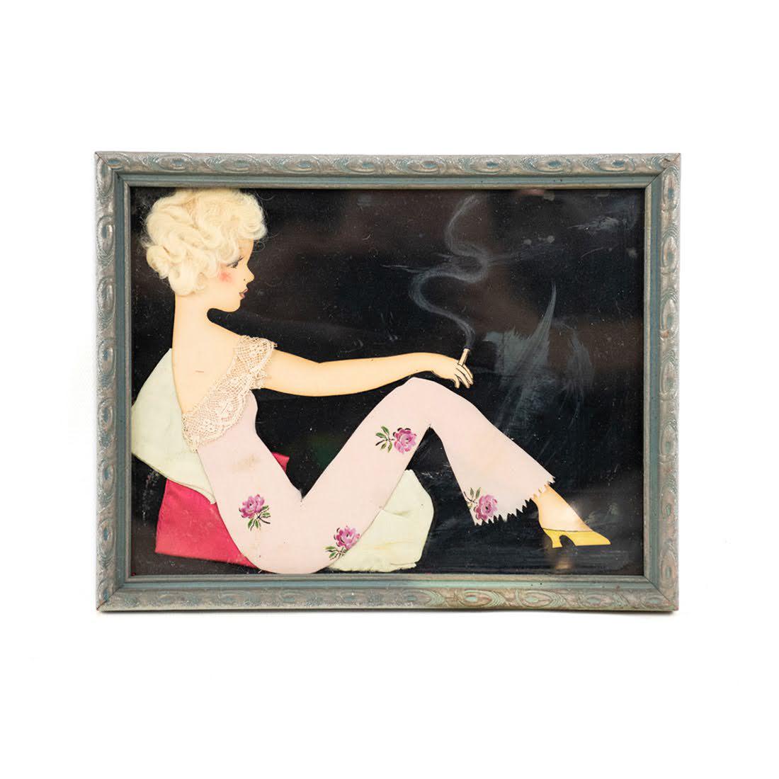 1920's Style Flapper Girl Boudoir Mixed Media Art: A 1920's style Flapper Girl Boudoir Mixed Media Art featuring a flapper girl reclining in lingerie smoking a cigarette.