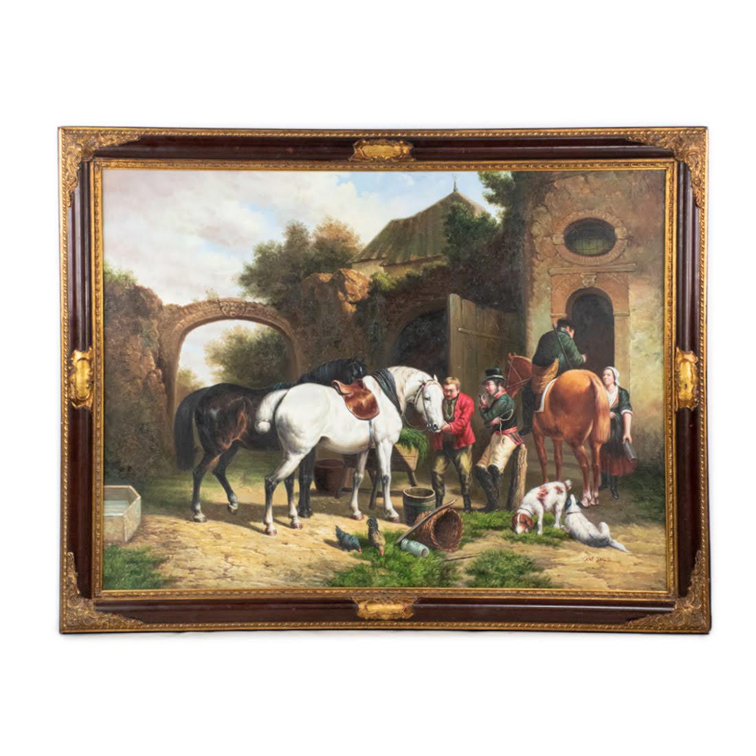 Ray Jags O/C Untitled Horse Stable Scene Painting: A Ray Jags oil on canvas painting depicting a classical scene with a man tending to his horse while others prepare for a hunt. Presented in a large wood and gilt frame. Signed in the lower right corne